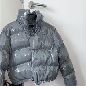 PrettyLittleThing Grey Vinyl Puffer Jacket